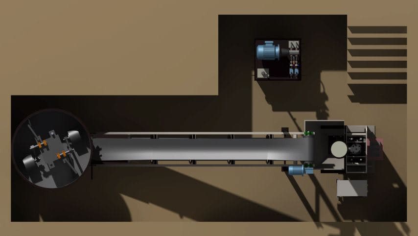 3D top view of a PM machine pit with mixer and conveyor