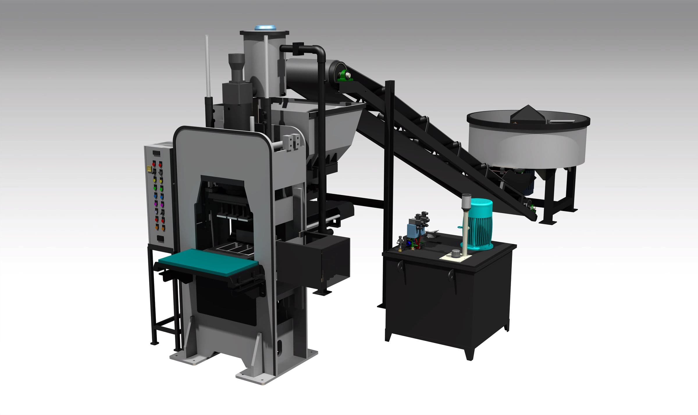 3D render of the PM24 fly ash brick machine with conveyor and pan mixer