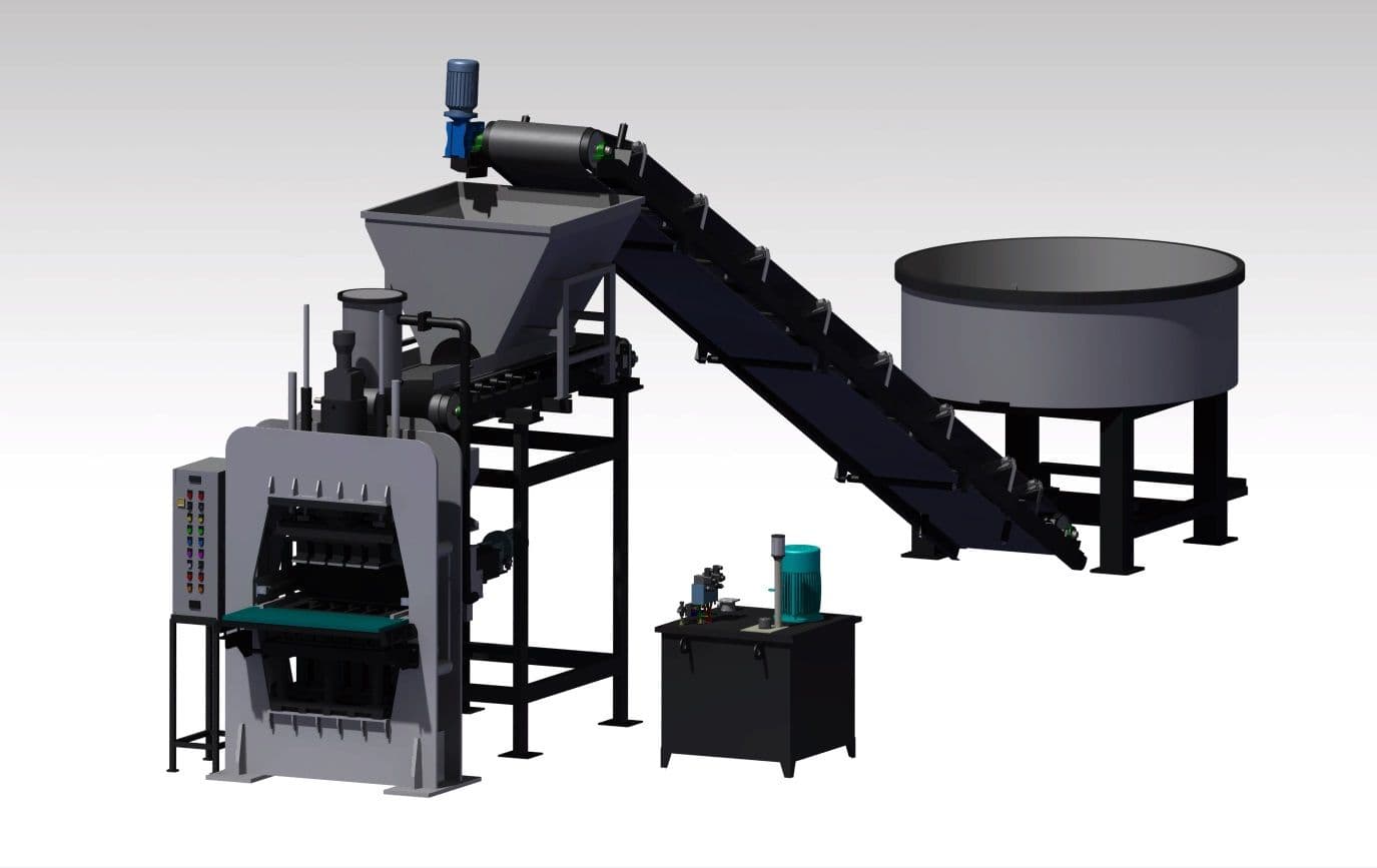 3D render of the PM40 fly ash brick machine with box feeder, conveyor and pan mixer