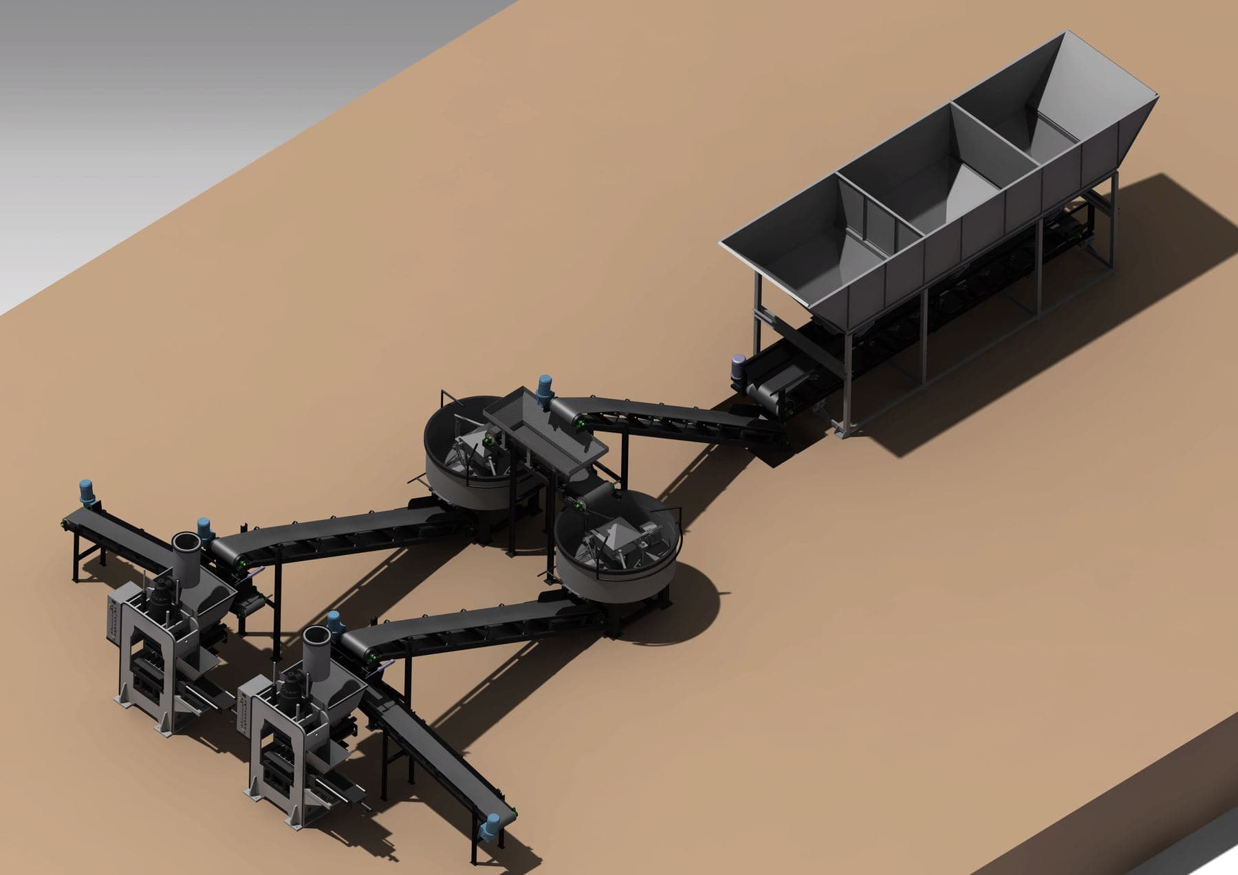 Double production line from above, with two pan mixers and a three-bin batcher