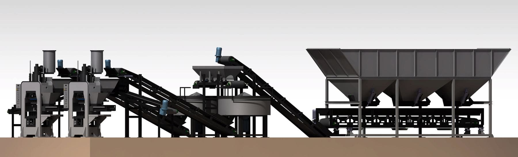 Side view of the double line, from presses to batcher