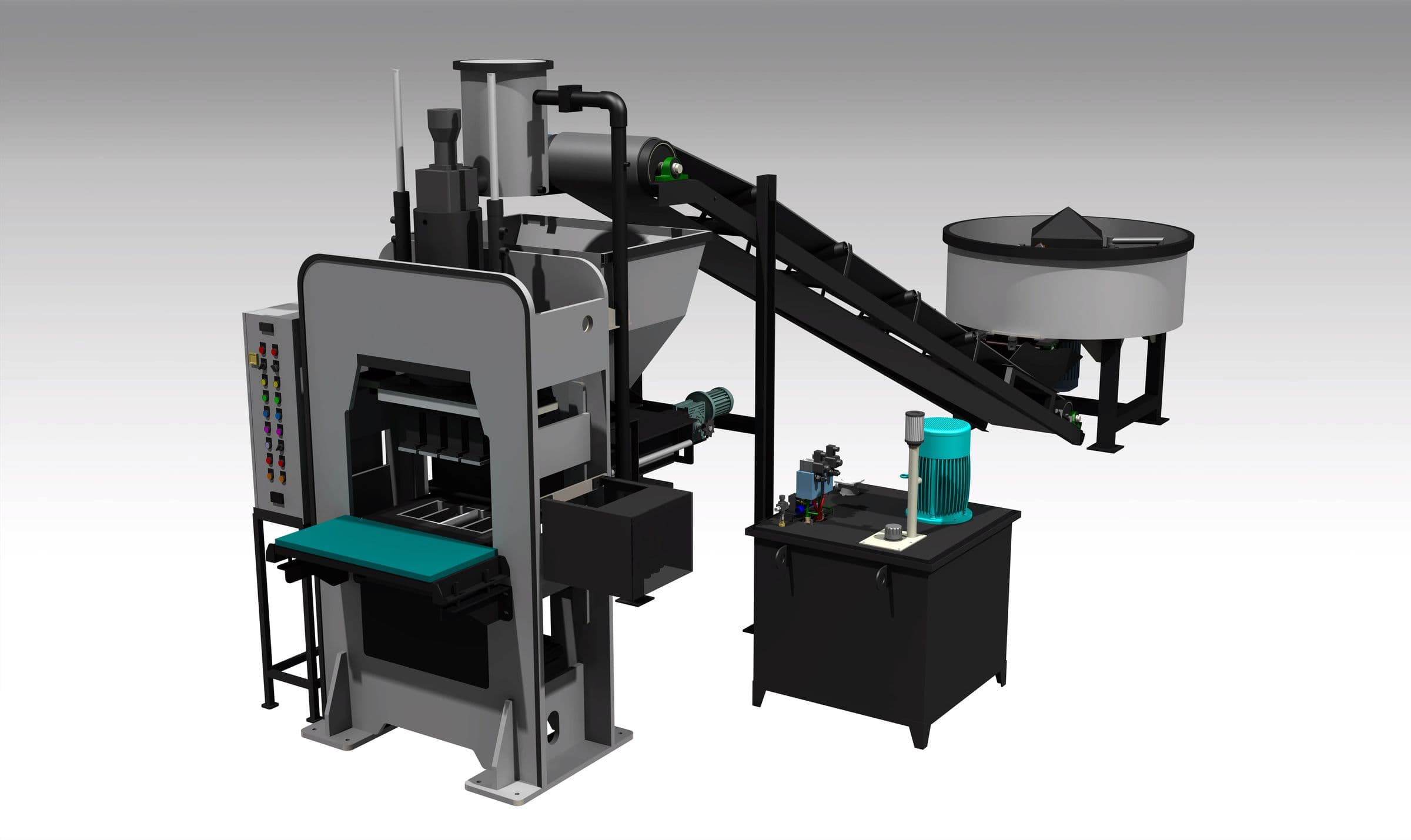 3D render of the PM32 fly ash brick machine with conveyor and pan mixer