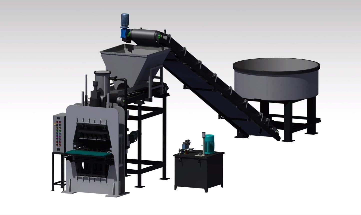 3D render of the PM48 fly ash brick machine with box feeder, conveyor and pan mixer
